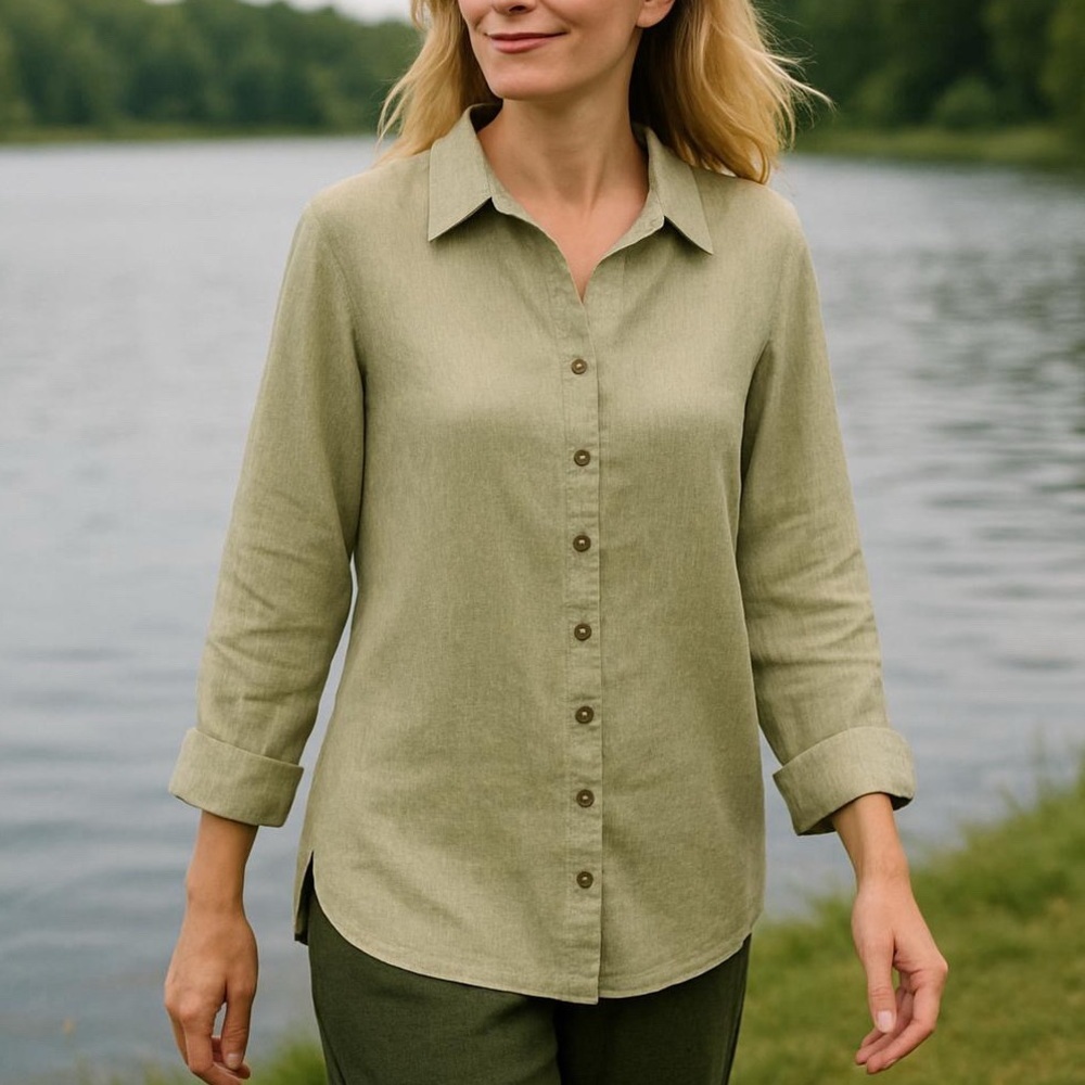 BICE LINEN BREATHABLE FIBER BOHO SAGE GREEN  OVERSIZED BUTTON DOWN SHIRT SZ L